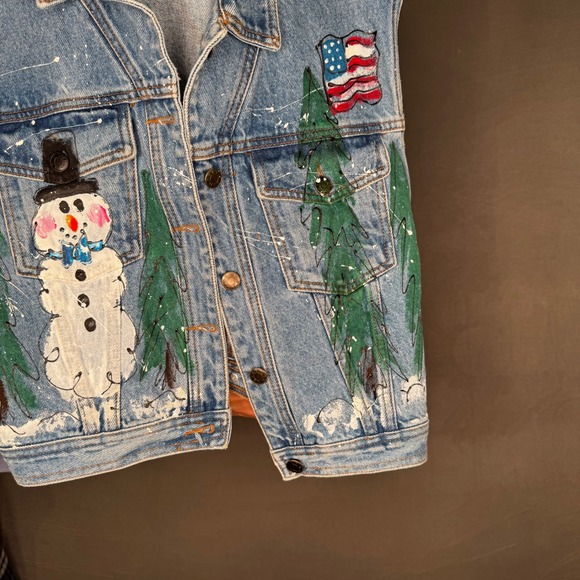 Hand Painted Christmas Denim Vest Snowmen Winter Scene Light Wash Unisex L - Picture 3 of 5